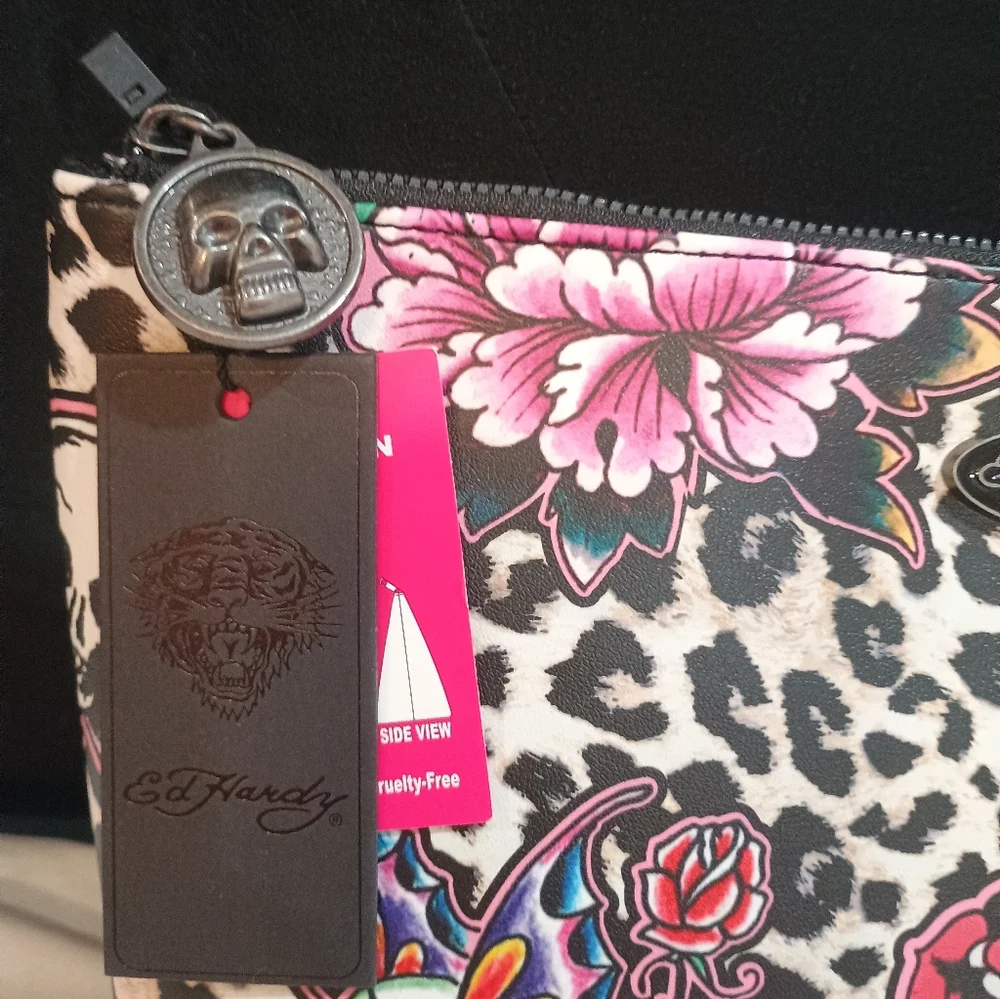 New Ed Hardy Leopard Print Cosmetic Bag with Skull and Floral Design Large